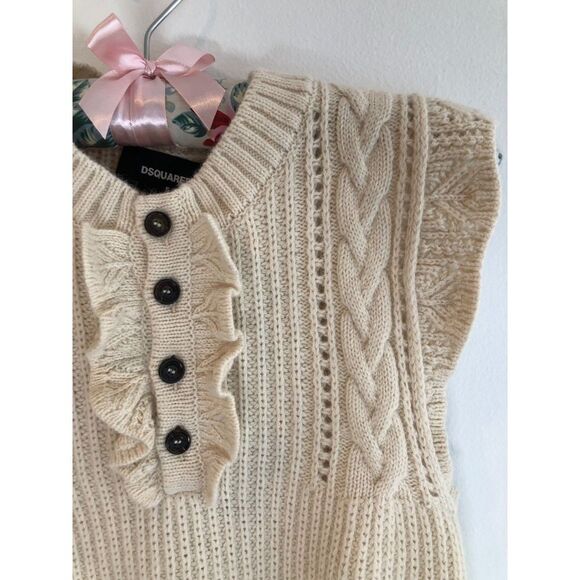 Authentic DSquared2 Ruffle Trim Sleeveless Sweater, Cream w/Navy Stripes, Sz S - Picture 8 of 9
